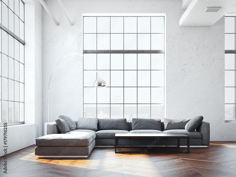 Poster modern interior with large gray sofa. 3d rendering