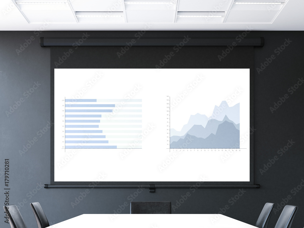 Poster meeting room with roll-up projector screen. 3d rendering