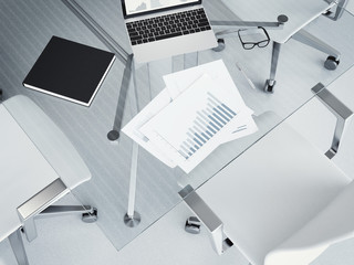 Glass table with business charts. 3d rendering