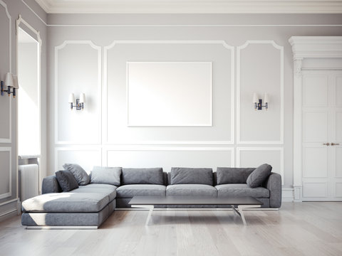 Classic interior with large gray sofa. 3d rendering