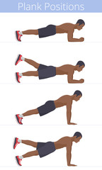 The muscular naked to the waist black young man in the various plank positions. Afro-american strong adult boy is doing the plank exercises and training in the plank postures. Flat vector illustration