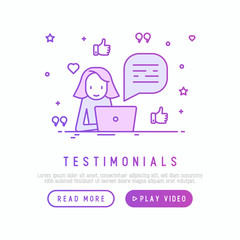 Testimonials and quote concept. Template of web page. Marketer is working on laptop with thin line icons of thumbs up around. Vector illustration.