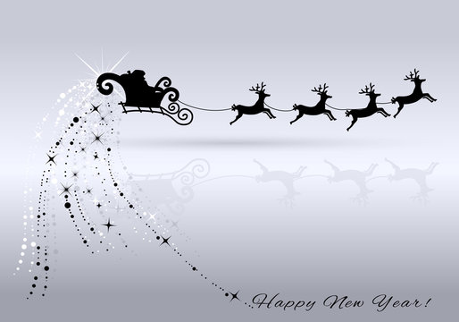 Black Silhouette. Santa Claus flying with reindeer sleigh