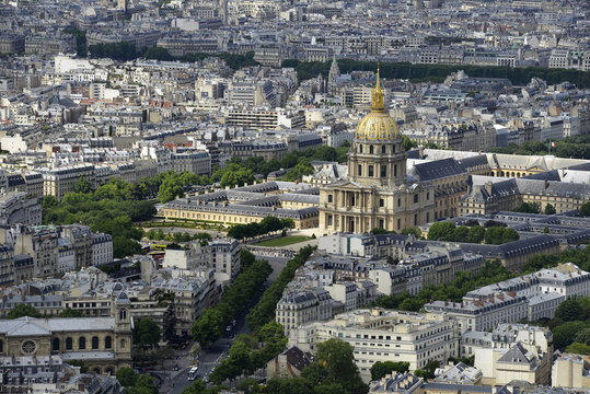Aerial view of the Invalides and its golden dome, Paris, France