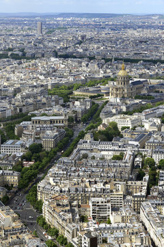 France, Paris, Les Invalides and its golden dome. Boulevard des Invalides at its feet. Triumphal Arch in the background