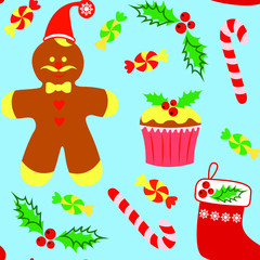 Seamless pattern with christmas sweets, gifts, gingerbread man on a blue background.