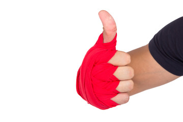 Martial Arts Man Hand with Red Boxing Wraps