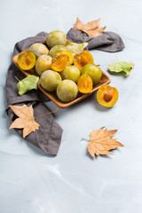 Harvest fall autumn concept. Ripe juicy yellow plums