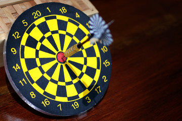 Darts arrow in center of the target dartboard. Target business concept.