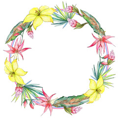 Tropical plants wreath in a watercolor style. Aquarelle wild flower for background, texture, wrapper pattern, frame or border.