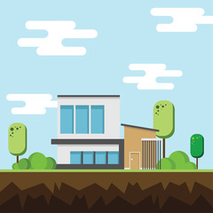 A modern houses with tree and clouds on the ground, Modern building and architecture, Flat home vector illustration.