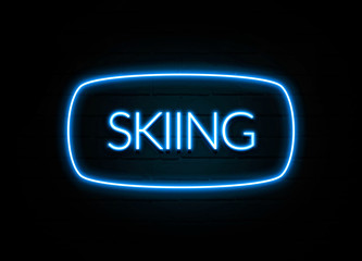 Skiing  - colorful Neon Sign on brickwall