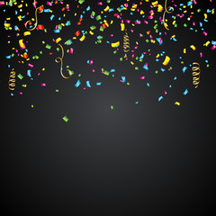 Abstract Vector Illustration with Colorful Confetti and Ribbon on Dark Background. © articular