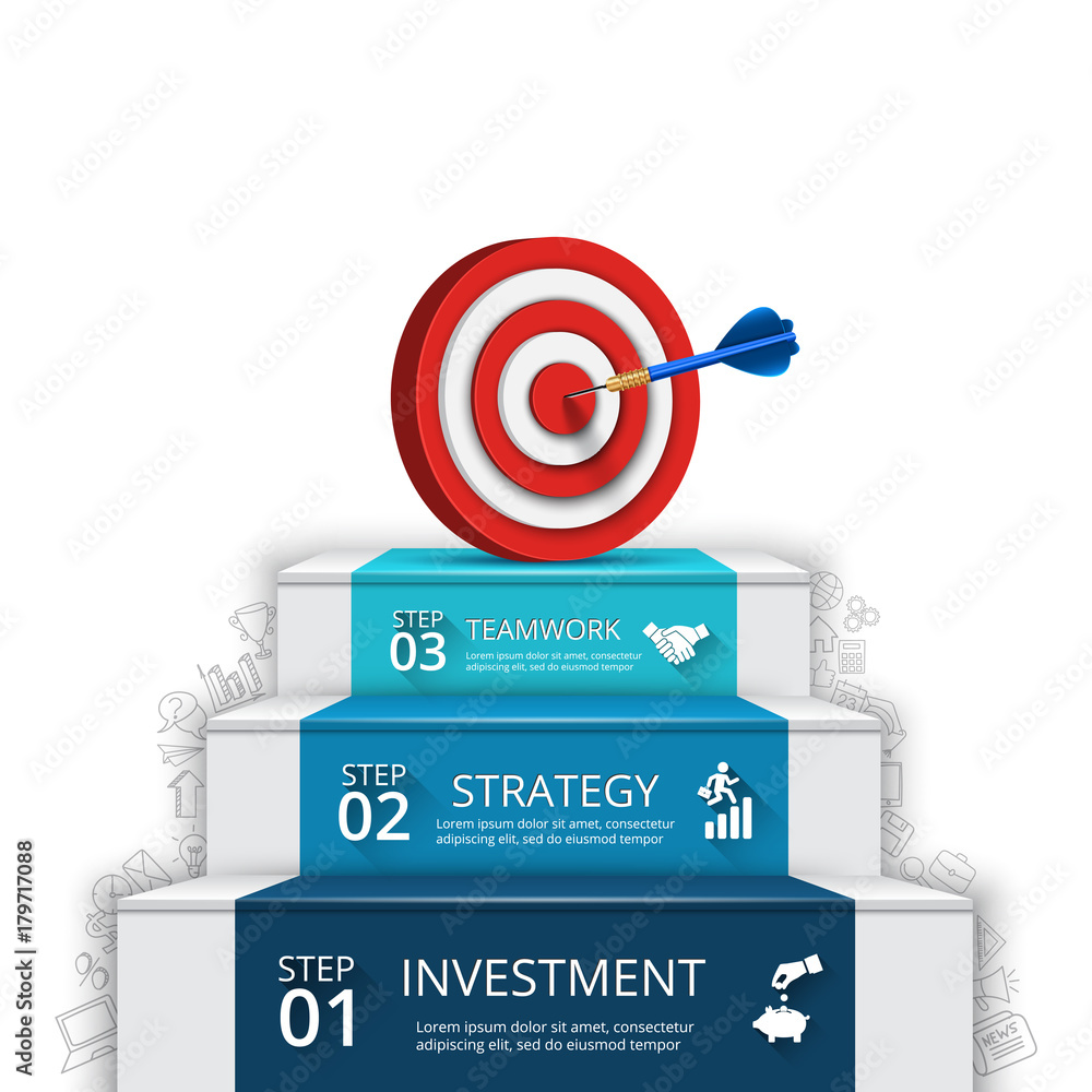 Poster Vector illustration of 3 steps to success with target and dart. Can be used for infographic, banner, diagram, step up options. Doodles icons set.