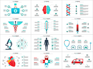 Vector brain, dna, caduceus, emergency car and other elements for infographic. Medicine concept with 4, 5 and 6 options, parts, steps or processes.