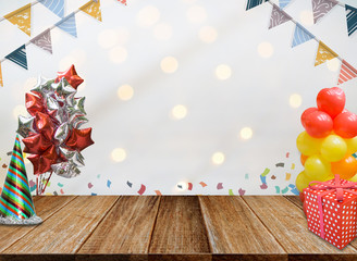 Background of Wood table top on colorful bokeh at night for New Year 2018 and Merry Christmas Celebration