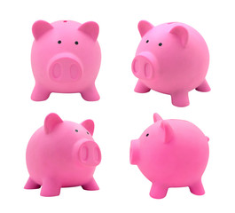 Side view of pink piggy bank made from plastic isolated