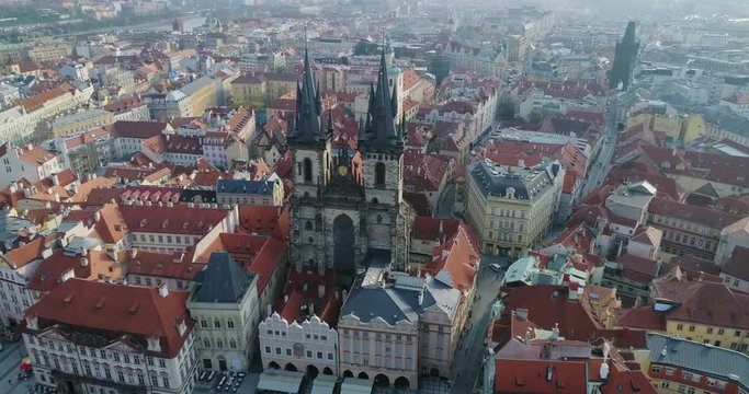 Aerial view of Prague and Kostel of Our Lady before Tyn, Prague, Czech Republic, Aerial view