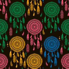 Color seamless pattern with dream catcher and feathers. Original hand drawn background.