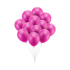Bunch pink balloons tied. A lot of festive flying, helium-filled gasbags with ropes tied into one knot. Vector isolated illustration on white background