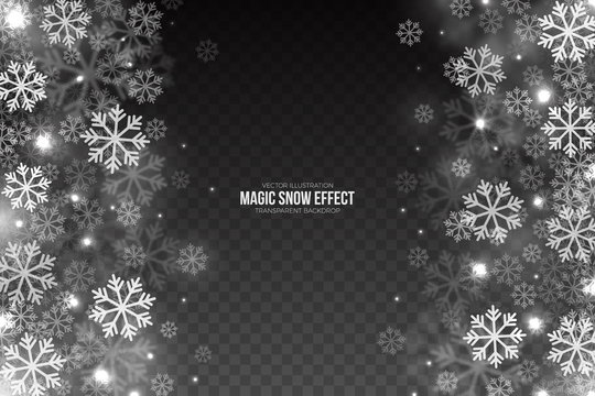 Vector Magic Falling Snow Effect with White Realistic Flying Snowflakes and Lights Overlay on Transparent Background. Merry Christmas Abstract Illustration. Xmas Design Element