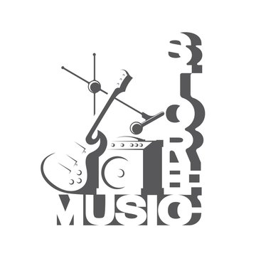 Illustration depicting an electric guitar with a combo booster and a microphone in the form of a symbol or logo