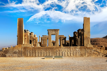 Persepolis is the capital of the ancient Achaemenid kingdom. Sight of Iran. Ancient Persia. Blue...