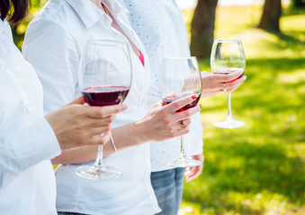 Young beautiful girls with glass of red wine in the park