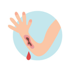 Wounded hand with blood oozing. Blood dripping down. Isolated flat illustration on white backgroud. Cartoon vector image.