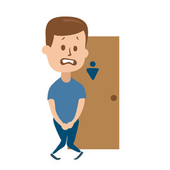 Stressed guy wanting to pee stands in front of a WC door. Isolated flat illustration on white backgroud. Cartoon vector image.