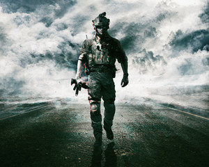 Army soldier moving towards camera on cloudscape background