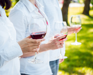 Young beautiful girls with glass of red wine in the park
