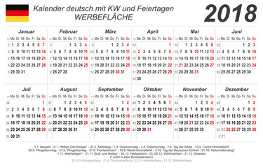 Kalender 2018 - grau - quer - deutsch - mit Feiertagen