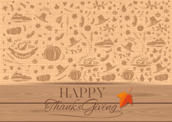 Thanksgiving vintage background. Congratulatory inscription and repeating elements for the fall and Thanksgiving theme. Happy Thanksgiving. Vector illustration