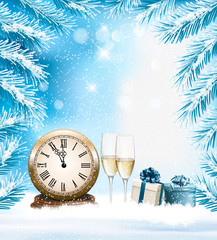 Holiday Christmas background with a champange and clock. Vector.