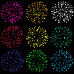 Set of isolated brightly celebration firework balls on dark background. Vector illustration