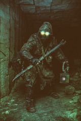 Underground post apocalyptic creature with homemade weapons and lantern