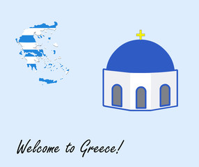 Fototapeta premium welcome to greece vector card - greek map and blue chapel illustration