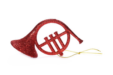 Red trumpet, Christmas ornament, decoration, isolated on white background