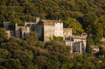 Fototapeta premium Corsica, 28/08/2017: la macchia mediterranea con vista sullo skyline di Orche, villaggio remoto dell'Alta Corsica sul versante occidentale del Capo Corso 