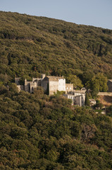 Fototapeta na wymiar Corsica, 28/08/2017: la macchia mediterranea con vista sullo skyline di Orche, villaggio remoto dell'Alta Corsica sul versante occidentale del Capo Corso 