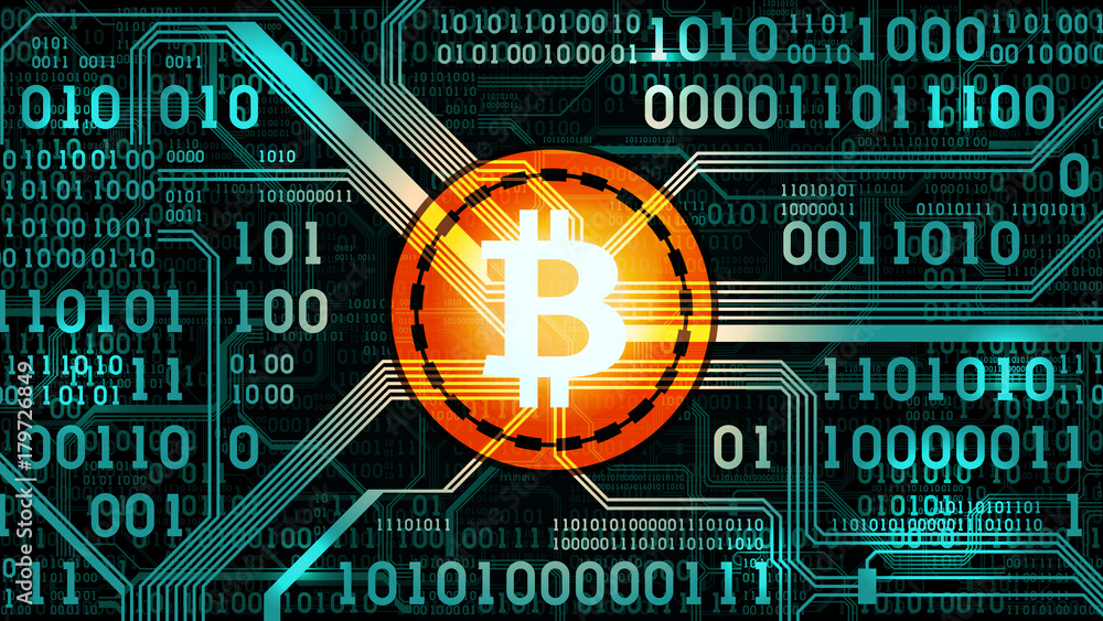 Poster symbol of crypto currency bitcoin on the background of binary code and circuit board, well organized