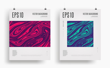 Set of modern artistic posters. Colorful abstract fluid backgrounds in the form of different geometric figures. Trendy design. Eps10 vector illustration