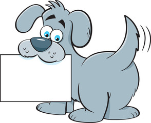 Cartoon illustration of a dog holding a sign.