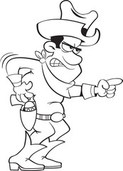 Black and white illustration of an angry cowboy pointing.