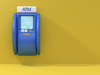 blue atm machine cartoon style yellow background 3d rendering business technology concept