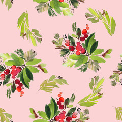 Seamless watercolor Christmas pattern with berries and spruce
