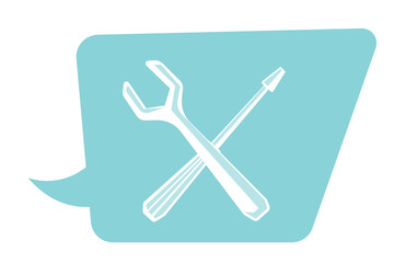 Blue speech bubble with screwdriver and wrench vector cartoon illustration isolated on white background