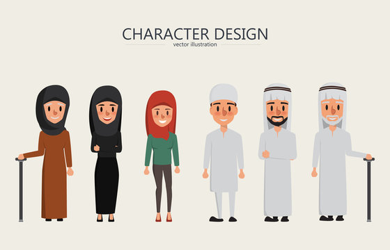 Vector Arab Family And Muslim People And Saudi Cartoon Man And Woman.