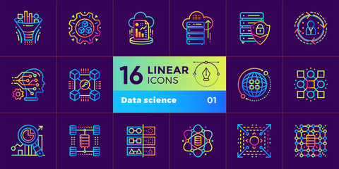 Linear icon set of Data science technology and machine learning process. Material design icon suitable for print, website and presentation